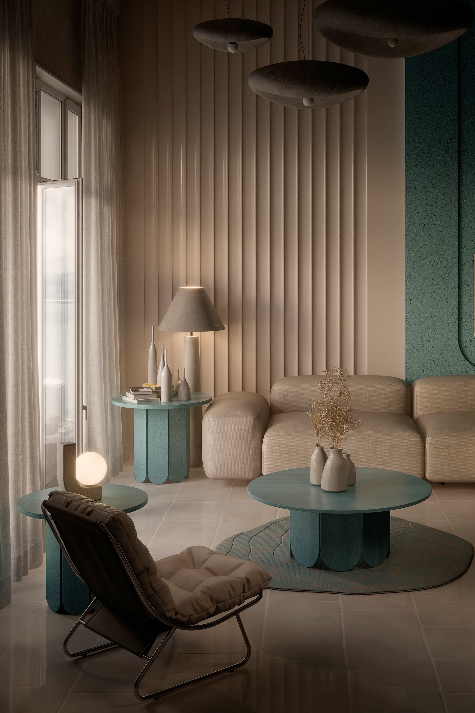 Teal Salon, view 1: Fluted walls, sheer curtains and a teal table.