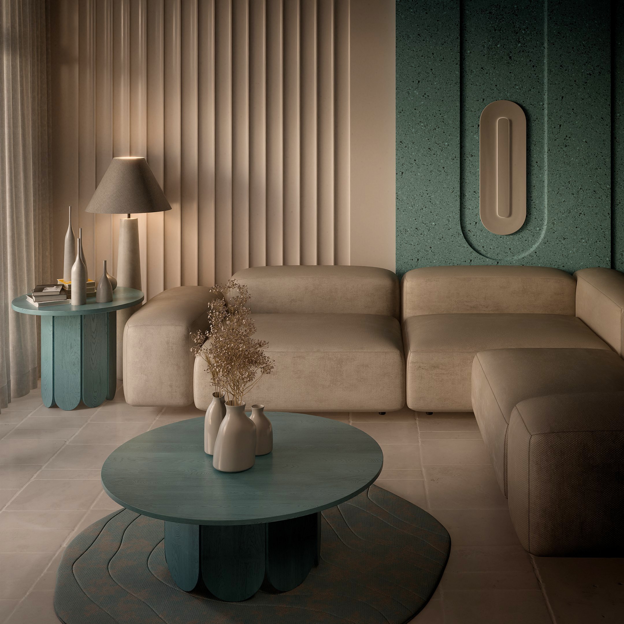 Teal Salon, view 3: Fluted walls, sheer curtains and a teal table.
