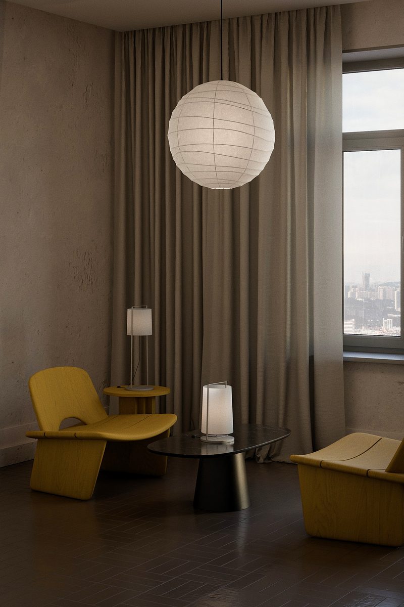 Yellow Hour, view 1: Two yellow lounge chairs under a paper lantern.