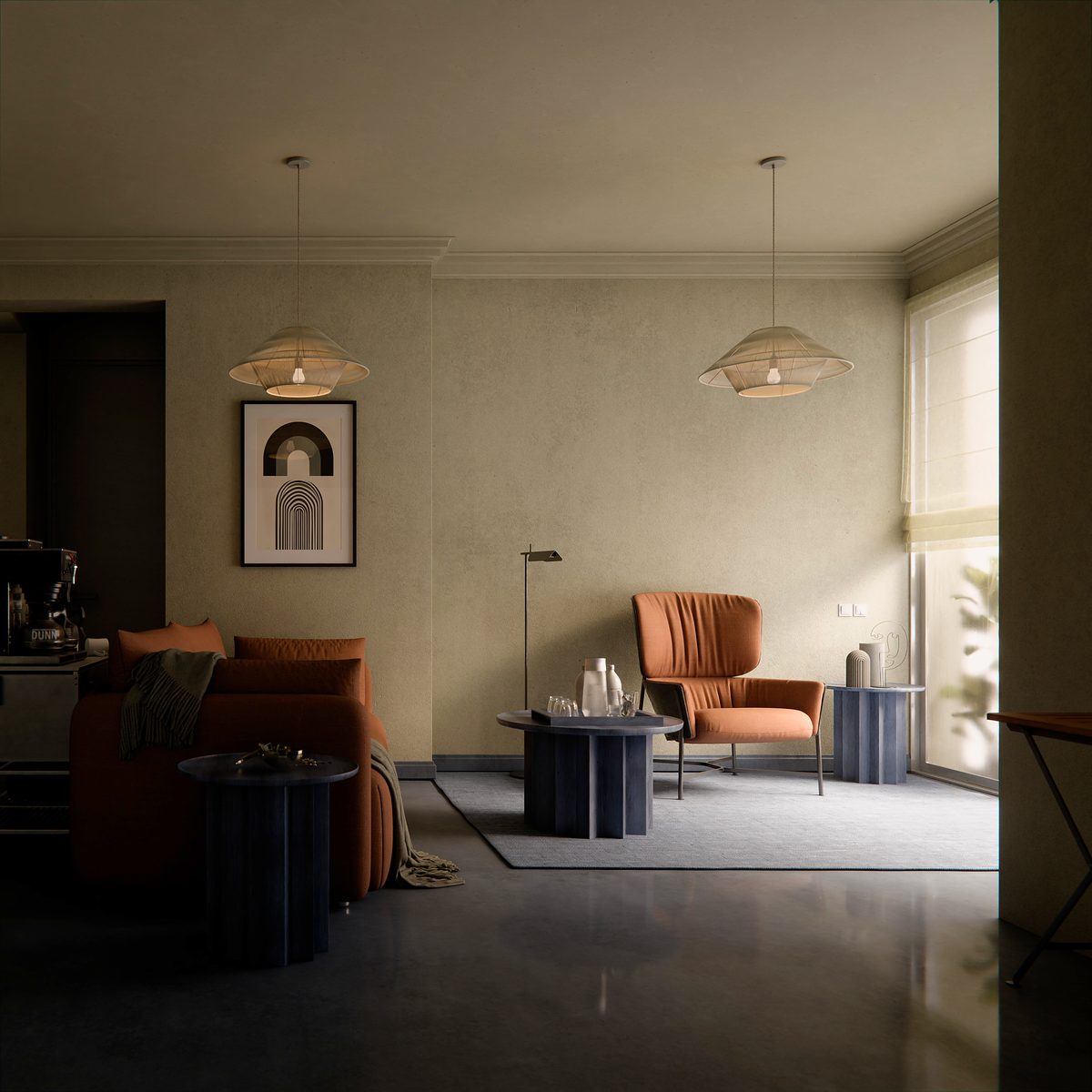 Ochre Study, view 1: A living room in late side light, shown in clay, in ochre and in primary colors.