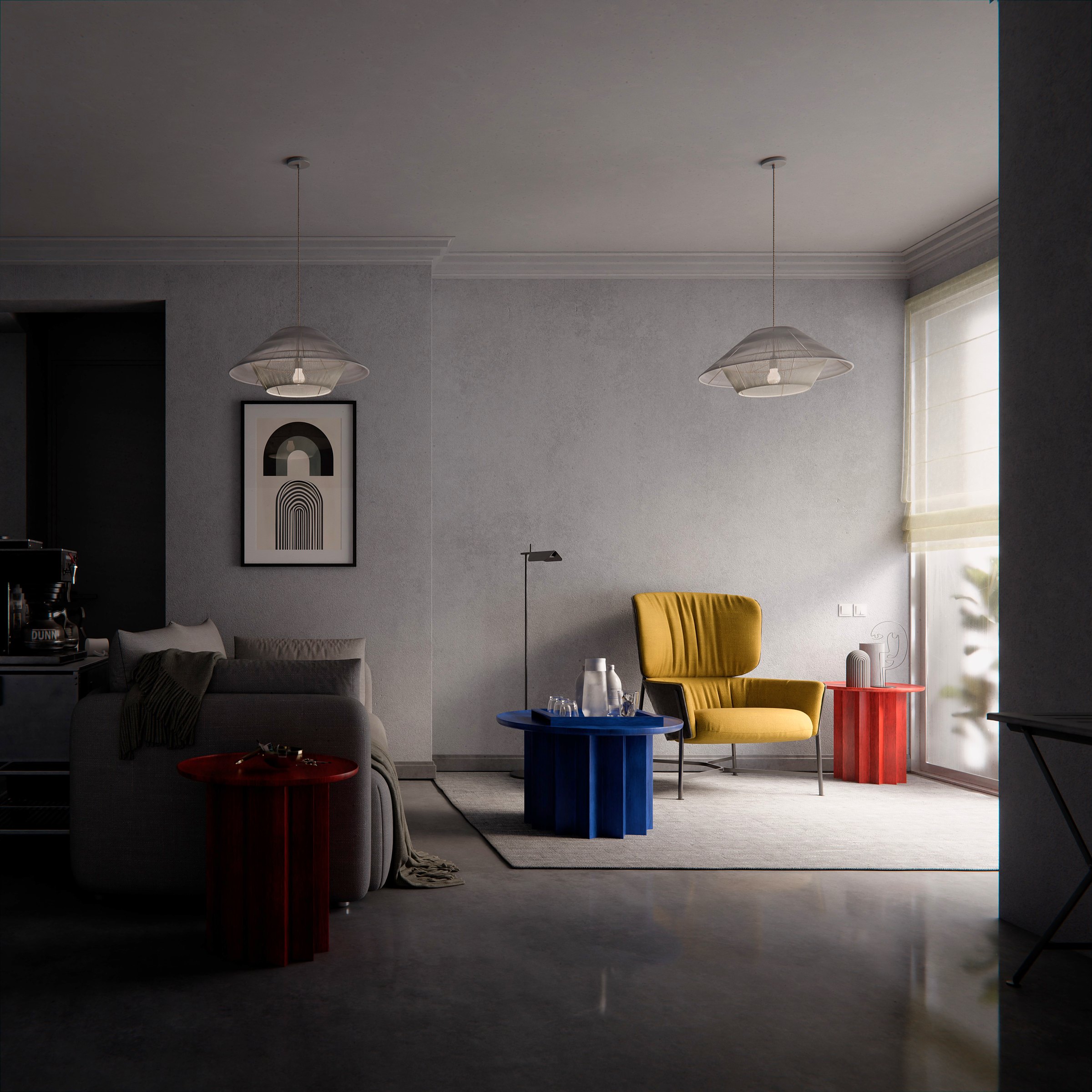 Ochre Study with red, blue and yellow furniture