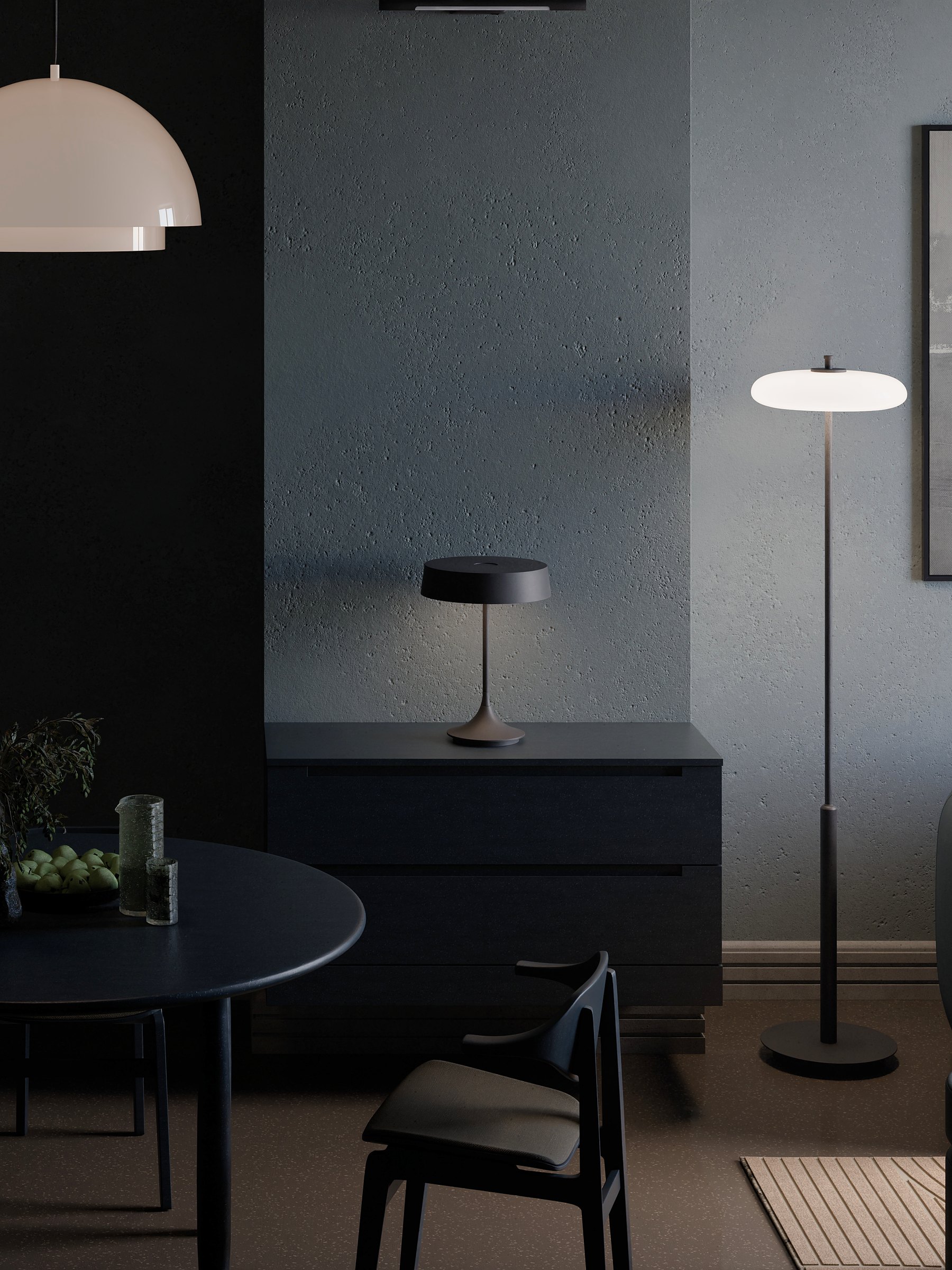 Night Table, view 2: A dark dining room lit by one white pendant.